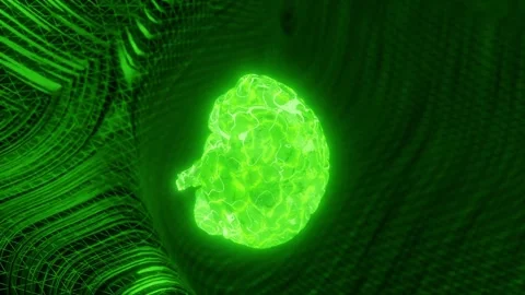 Glowing green human brain above abstract digital mesh background. Artificial Stock Footage 310928902