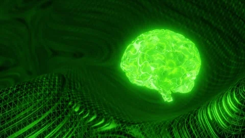 Glowing green human brain above abstract digital mesh background. Artificial Stock Footage 311006274