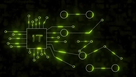 Glowing green it processor chip with circuit board connections on dark anim.. Stock-Footage 337365917