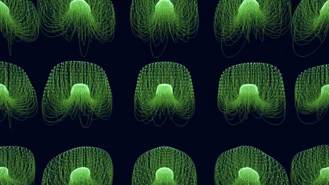 Glowing green jellyfish pattern drifting on dark ocean background, seamless Stock Footage 333176939