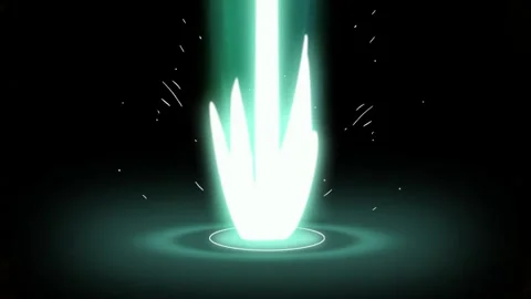 Glowing green light beam shoots up from circular base with sparks Stock Footage 337523674