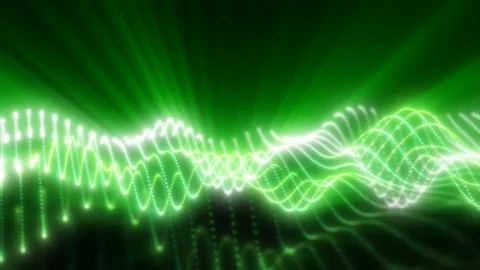 Glowing green light waves flow smoothly across a dark background, creating .. Stock Illustration