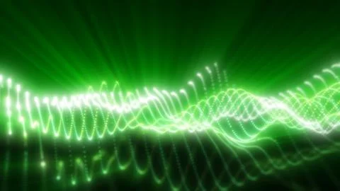 Glowing green light waves flow smoothly across a dark background, creating an Stock Illustration