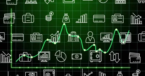 Glowing green line graph tracing axis, waving through icons, rising, Stock Footage 317858432