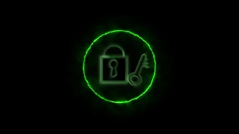 Glowing green lock and key icon with electric energy border on black backgr.. Vídeo Stock 334123931