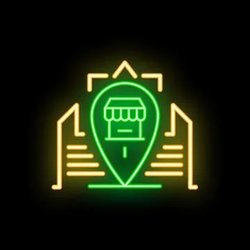 Glowing green map pointer showing a store location over buildings Stockillustratie