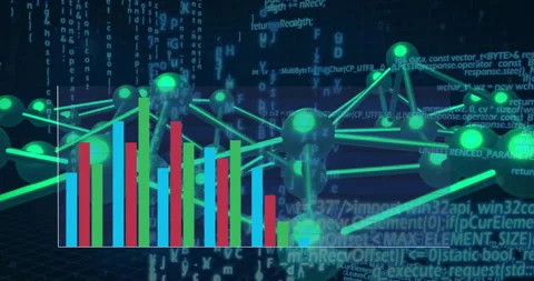 Glowing green molecular network floating over 3D render code backdrop, featuring Stock Footage 307451085