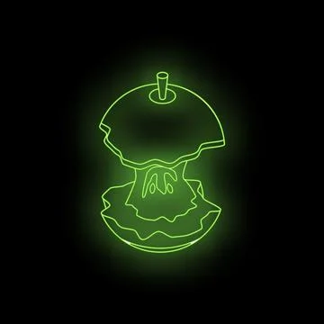 Glowing green neon apple core on black background Stock Illustration