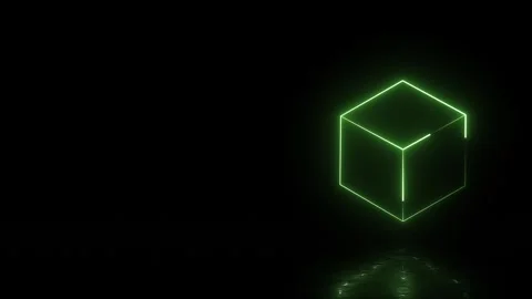 Glowing green neon cube on a reflective surface, digital technology background 库存影片 345600774