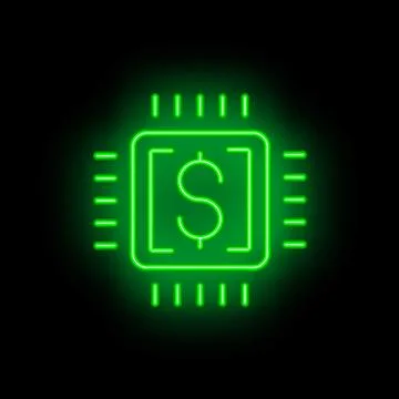 Glowing green neon processor chip emitting light with a dollar sign inside 库存插图