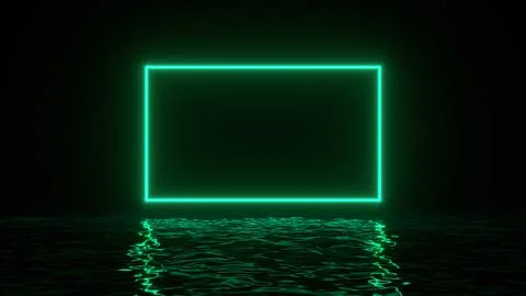 Glowing green neon rectangle with reflections in water surface. Abstract Stock Illustration