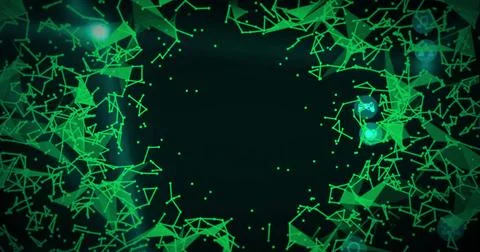 Glowing green network forming ring in dark void, with triangular line segments, 写真素材
