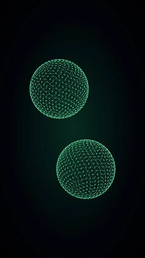 Glowing green network nodes coalesce into two rotating spheres Stock Footage 345188860