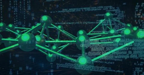 Glowing green network rotating in virtual data space with nodes rods tubular Stock Illustration