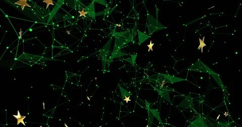 Glowing green node network forming triangular mesh in black void, with gold Stock Illustration