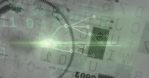Glowing green node network radiating lens flare on display showing ring, hatch 스톡 사진