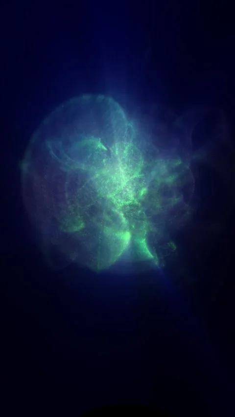 Glowing green particle orb floating in deep blue darkness, visualizing digi.. Stock Footage 337489490