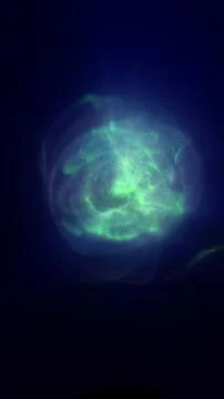 Glowing green particle orb floating in deep blue darkness, visualizing digi.. Stock Illustration