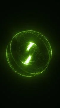 Glowing green particle sphere with orbiting ring on a dark background, symb.. Illustrazione stock