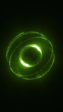 Glowing green particle sphere with orbiting ring on a dark background, symb.. Stock Illustration