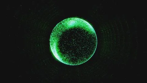 Glowing green particle sphere with subtle waves on black Illustrazione stock