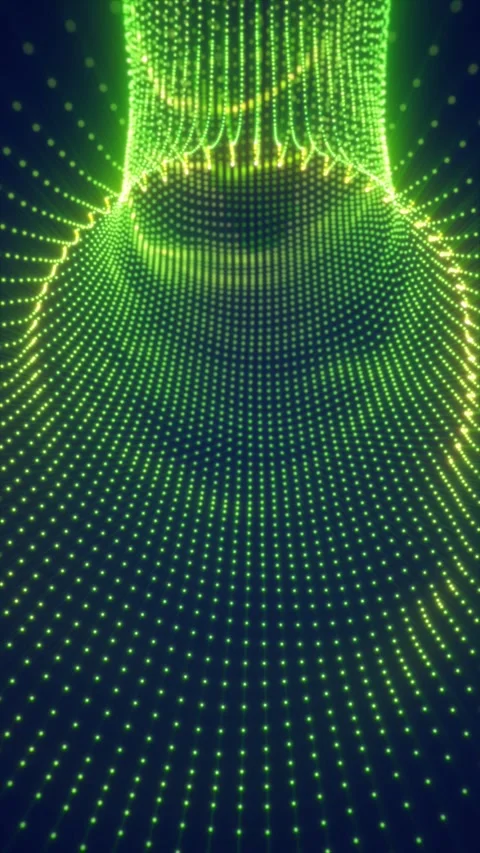 Glowing green particles form a flowing digital tunnel with curved dotted su.. Stock Footage 341578067