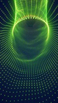 Glowing green particles form a flowing digital tunnel with curved dotted su.. Stock-Illustration