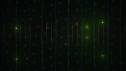Glowing Green Particles Moving Along Vertical Lines on a Dark Grid Background Stock Footage 343702970