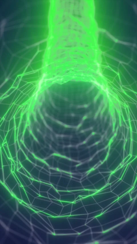 A glowing green polygonal mesh forms an abstract curved tunnel with layered.. Stock Footage 345424465