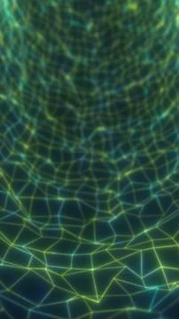 Glowing green polygonal mesh forms a deep abstract tunnel, creating a futur.. イラスト素材