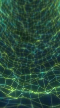 Glowing green polygonal mesh forms a deep abstract tunnel, creating a futur.. Illustrazione stock