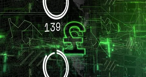 Glowing green pound symbol hovering over financial dashboard with wireframe grid Stock Illustration