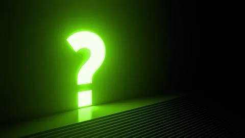 Glowing green question mark illuminating dark room with steps Stock Illustration
