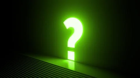 Glowing green question mark illuminating dark room from wall Stock Illustration
