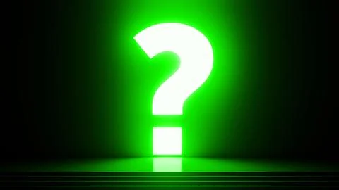 Glowing green question mark illuminating dark room Stock Illustration