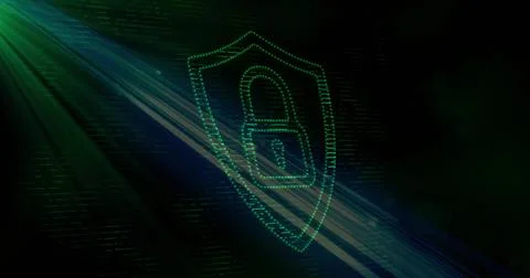 Glowing green shield with padlock icon hovering in network, with dotted 스톡 일러스트