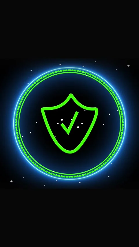 A glowing green shield with tick mark enclosed in blue neon circle, perfect.. Stock Footage 337459863