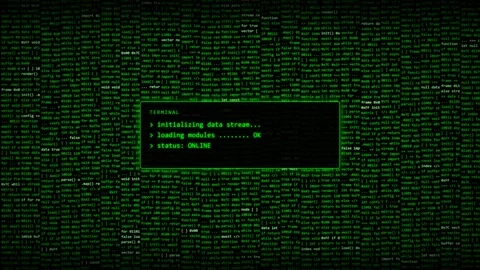 Glowing Green Terminal Initializing Data Stream Over Scrolling Code. Stock Footage 348957261