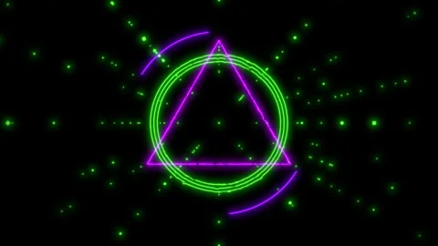 Glowing green triangular space sculpture floating in darkness Stock Footage 279654424