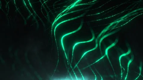 Glowing green wave lines and particle trails on dark background Illustrazione stock