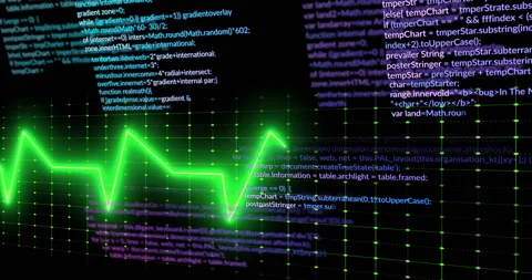 Glowing green waveform appearing at left edge and traversing interface Stock Footage 310973257