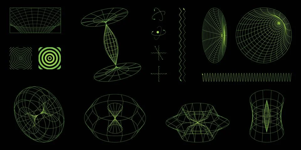 Glowing green wireframe mathematical structures, quantum waveforms, orbital Stock Illustration