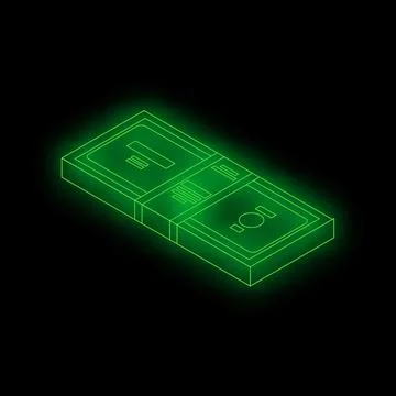 Glowing green wireframe stack of money on black background Illustrazione stock