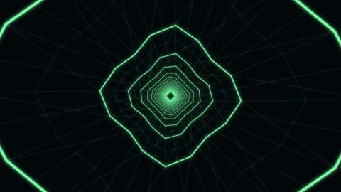 Glowing green wireframe tunnel rotating in dark digital space Stock Footage 336342184
