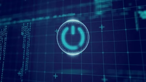 Glowing grid activating HUD sphere enclosing cyan power glyph pulsing, Stock Footage 328446340