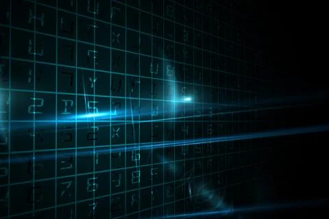 Glowing grid of alphanumeric characters is floating with blue beams over dark Stock Photos