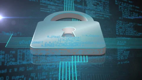 Glowing grid circuits rising channeling code into 3D padlock, pulsing and Stock Footage 309677912