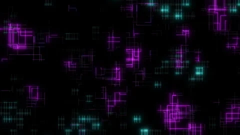 Glowing grid dark, futuristic pattern of purple and blue squares on black 스톡 동영상 251968833