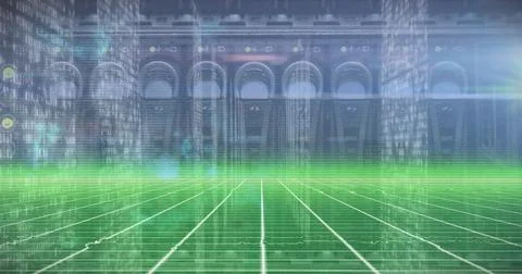 Glowing grid floor receding into data hall, with columns, code streams and Foto stock