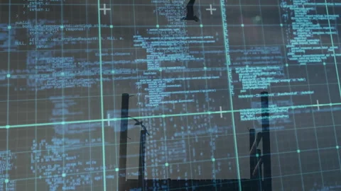 Glowing grid lines floating over code snippets intersecting metal pipes rising Stock Footage 307885727